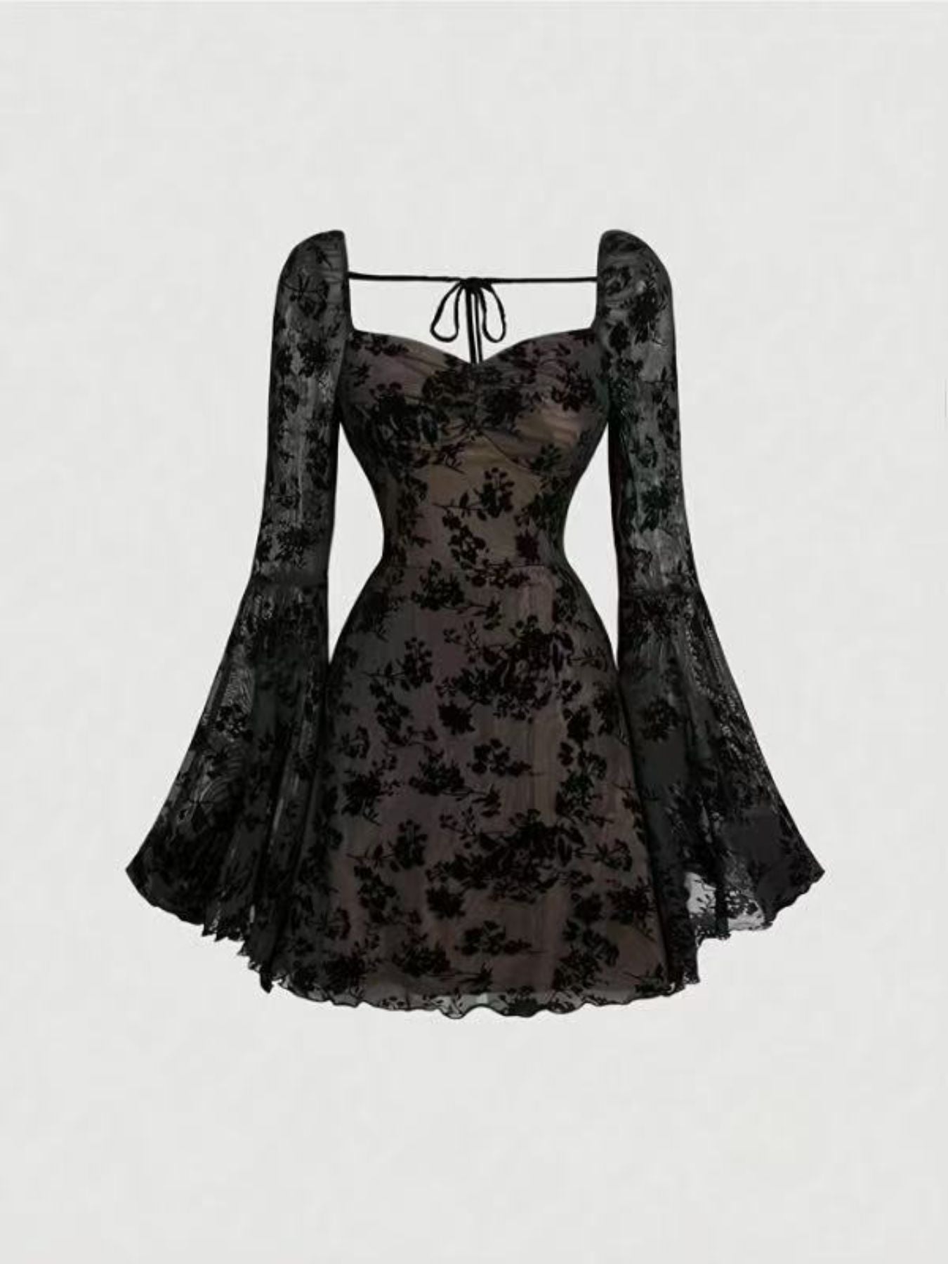 Black lace sweetheart mini dress with bell sleeves and floral pattern