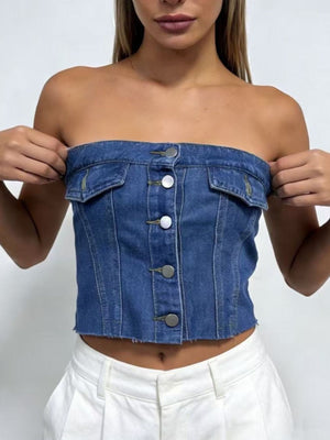 Blue denim strapless button-front top with flap pockets and raw hem