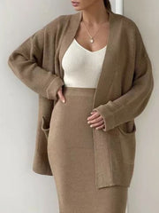 Camel ribbed knit co-ord set with open cardigan and pencil skirt.