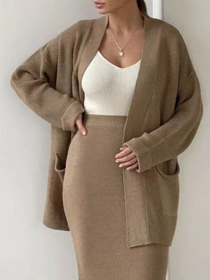 Camel ribbed knit co-ord set with open cardigan and pencil skirt.