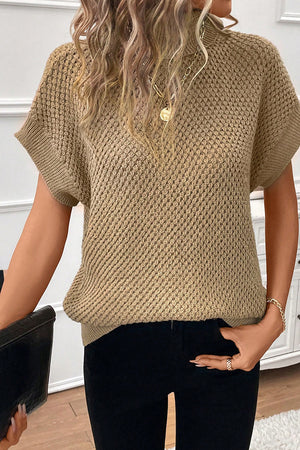 Khaki textured knit turtleneck cap sleeve sweater top