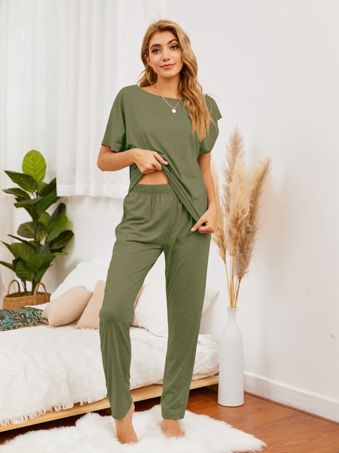 Matcha green loungewear set with short sleeve top and elastic waist pants.