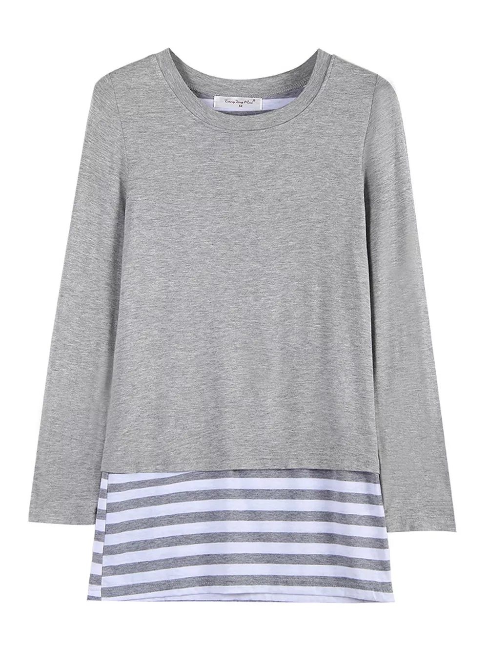 Layered Crew Neck Long Sleeve Striped T-shirt in Light Gray, alternate angle