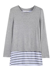 Layered Crew Neck Long Sleeve Striped T-shirt in Light Gray, alternate angle
