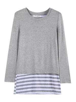 Layered Crew Neck Long Sleeve Striped T-shirt in Light Gray, alternate angle