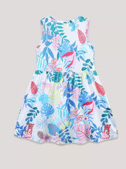 Baby girls' sleeveless cotton aline dress with a playful tropical leaf and animal print.
