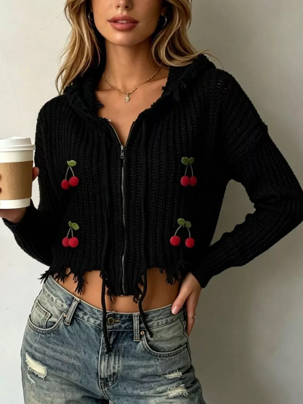 Cherry Knit Zip-up Hooded Sweater in Black, model styling view
