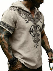 Men's Full Size Printed Hooded Short Sleeve Top in White, fabric detail