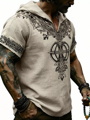 Men's Full Size Printed Hooded Short Sleeve Top in White, fabric detail