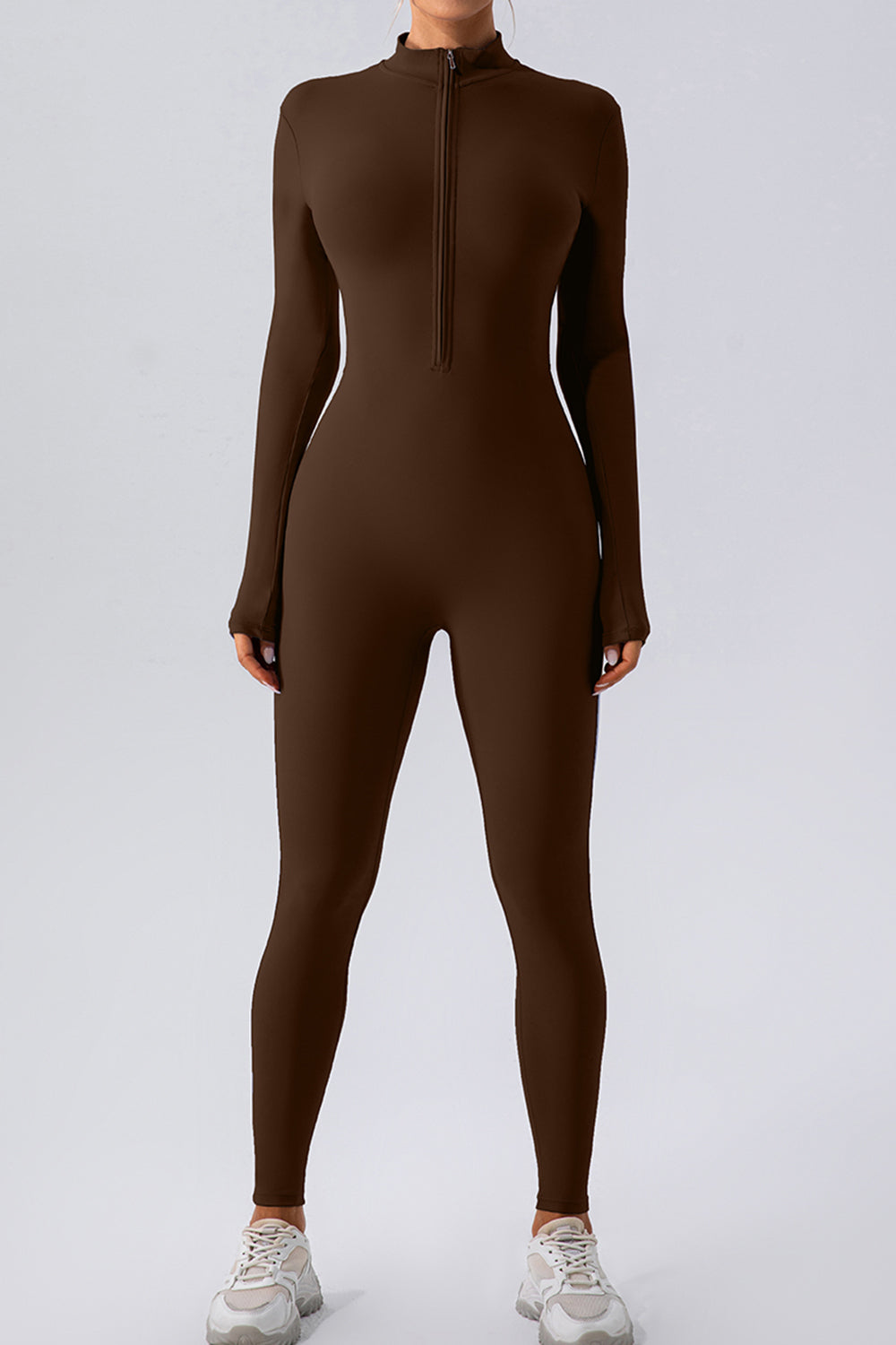Chocolate zip-front long sleeve bodycon jumpsuit with mock neck