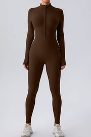 Chocolate zip-front long sleeve bodycon jumpsuit with mock neck