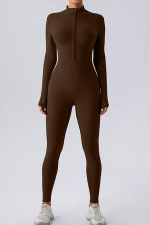 Chocolate zip-front long sleeve bodycon jumpsuit with mock neck