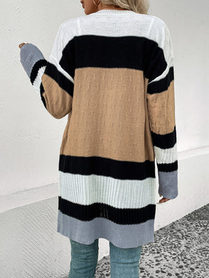 Textured stripe open-front cardigan in camel, black, white, and gray acrylic with a subtle dot pattern.