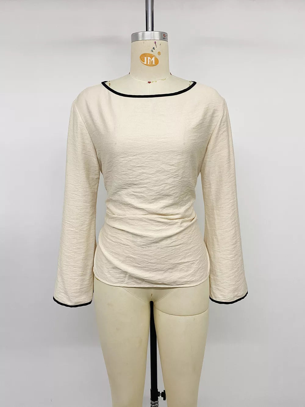 Contrast Trim Flare Sleeve Blouse in Beige, editorial view