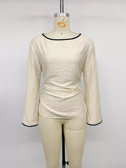 Contrast Trim Flare Sleeve Blouse in Beige, editorial view