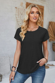 Black perforated eyelet tee with cuffed short sleeves and a round neckline.