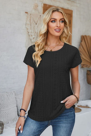 Black perforated eyelet tee with cuffed short sleeves and a round neckline.