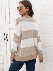 Striped knit crewneck sweater in khaki and white with ribbed trim and cuffs.