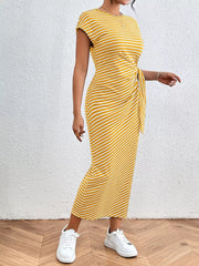 Elegant Striped Midi Dress With Tie Detail