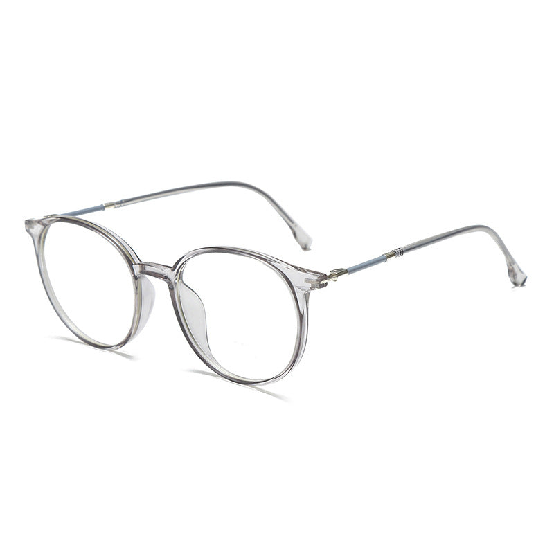 Round acetate eyeglasses with clear lenses and metal temples