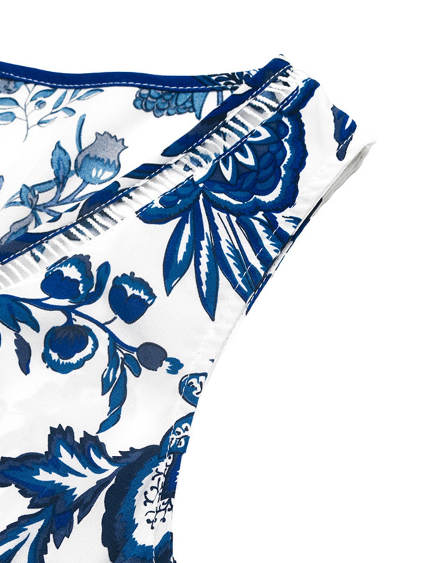 Charming floral midi dress with drawstring waist in dark blue and white.