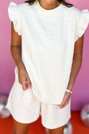 White textured bow ruffle sleeve co-ord set for women