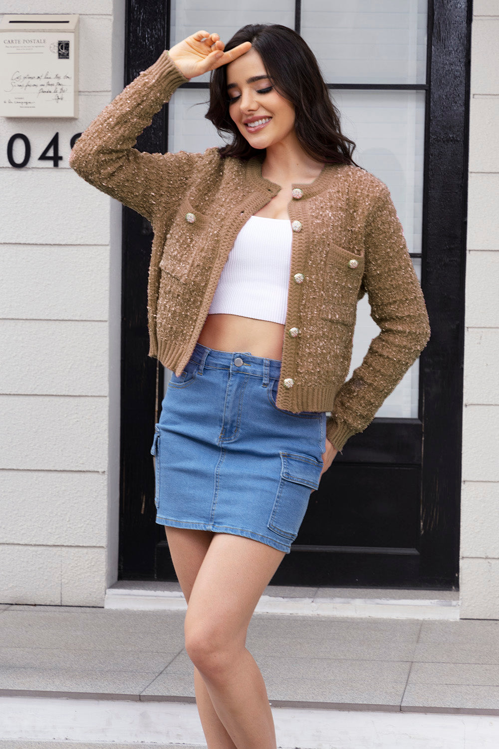 Textured bouclé knit jacket in Khaki with gold buttons and patch pockets.