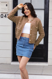 Textured bouclé knit jacket in Khaki with gold buttons and patch pockets.