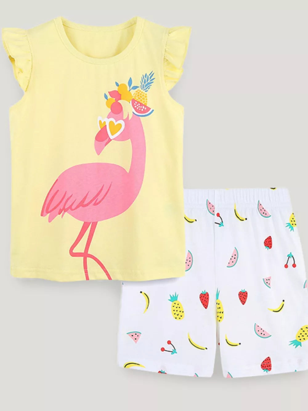 Yellow flamingo ruffled sleeve top with fruit print shorts set