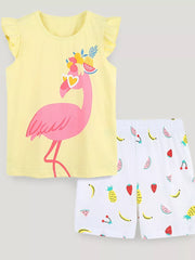 Yellow flamingo ruffled sleeve top with fruit print shorts set