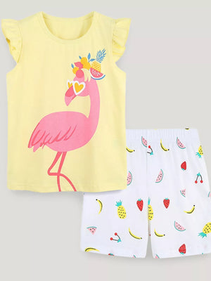 Yellow flamingo ruffled sleeve top with fruit print shorts set
