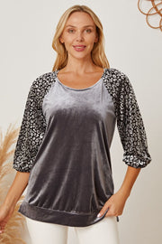 Velvet raglan top in dark gray with leopard print 3/4 sleeves and scoop neck