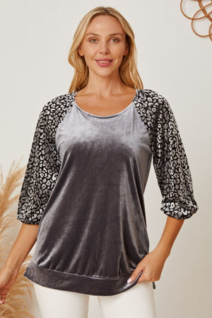Velvet raglan top in dark gray with leopard print 3/4 sleeves and scoop neck
