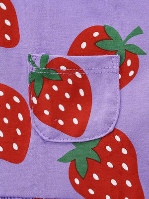 Toddler dress in purple cotton blend with playful red strawberry print and a front pocket.