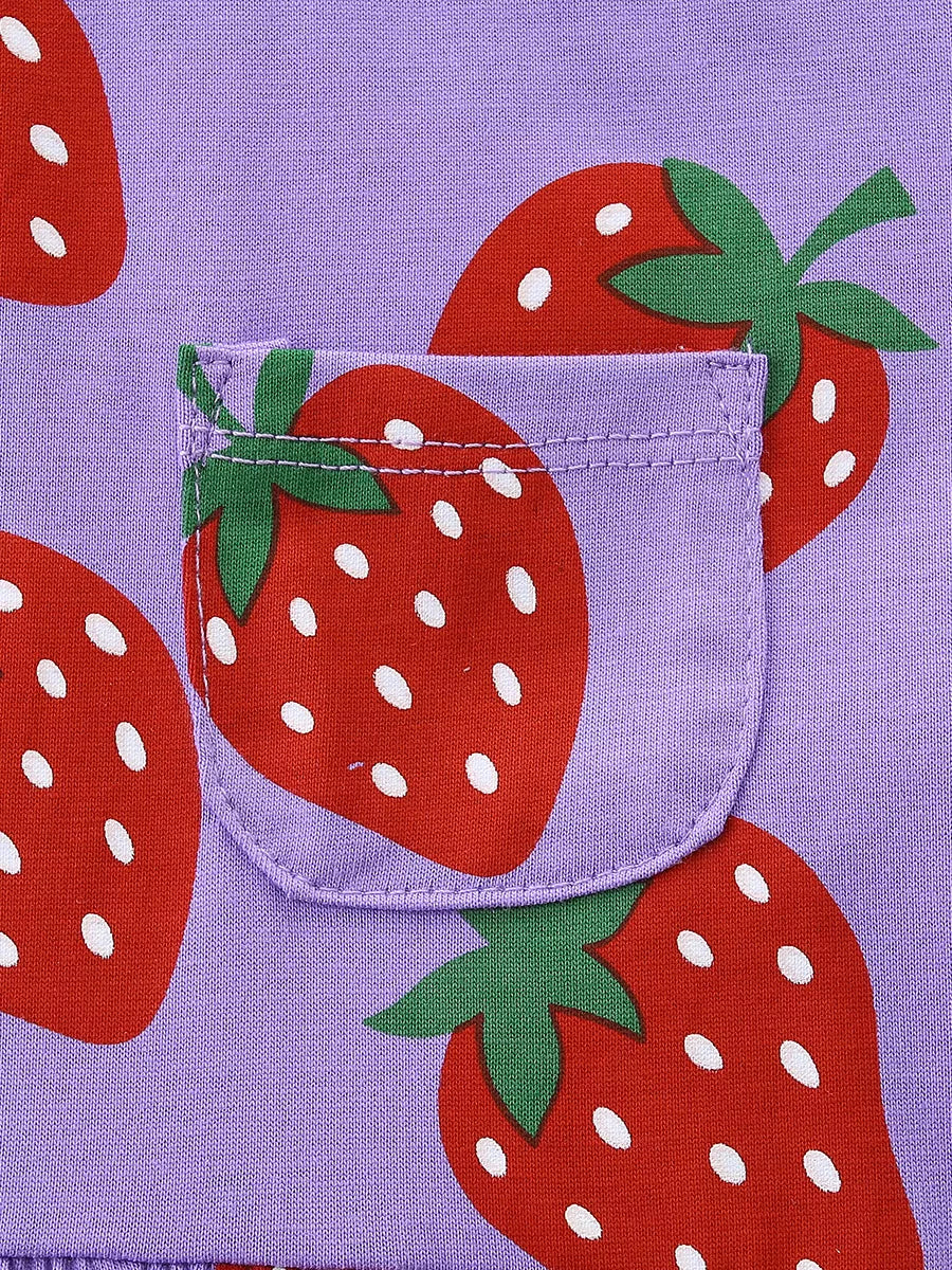 Toddler dress in purple cotton blend with playful red strawberry print and a front pocket.