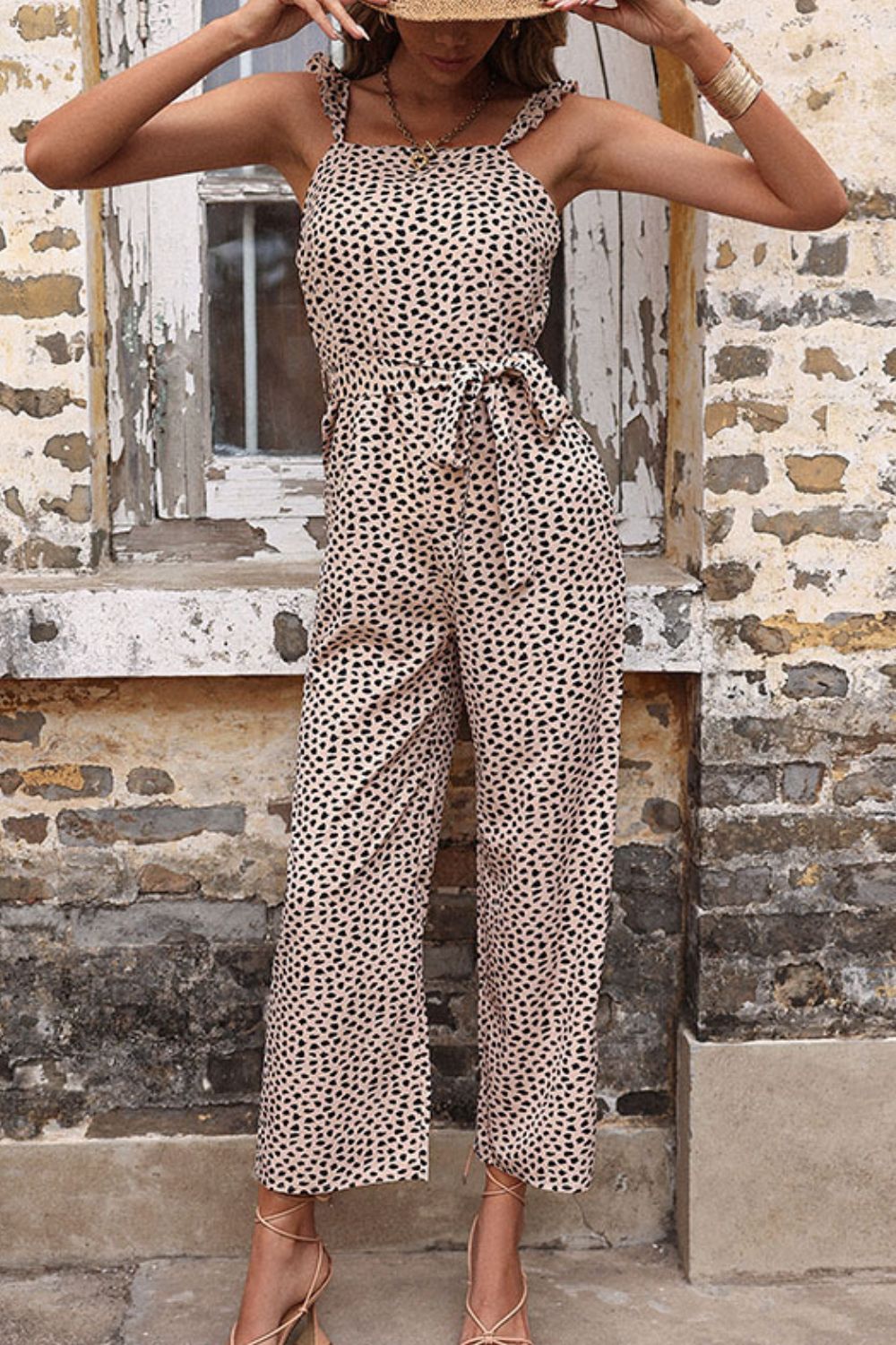 Dalmatian print khaki jumpsuit with ruffle straps and tie waist