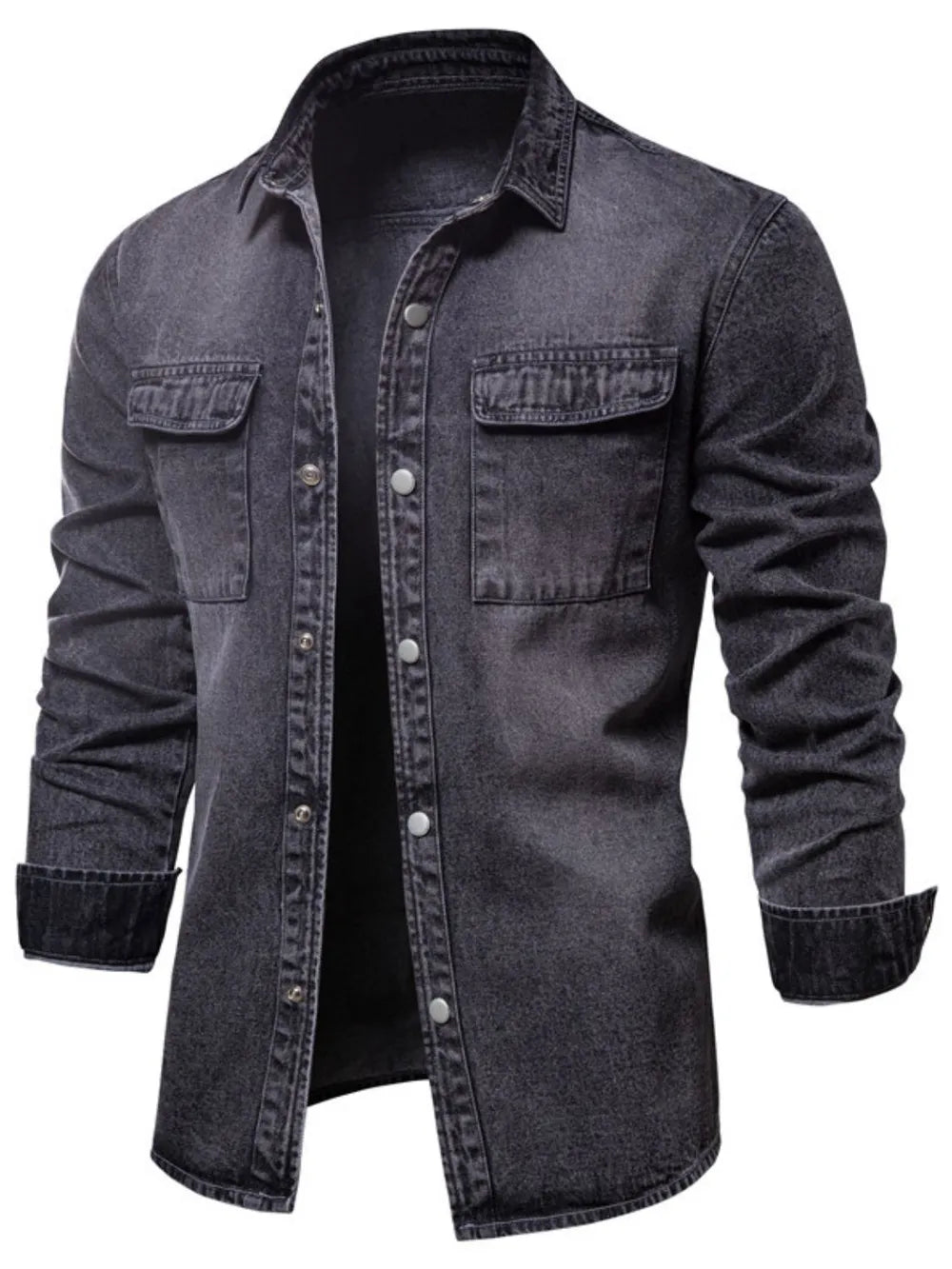 Faded denim utility shirt jacket in dark with buttoned chest pockets.
