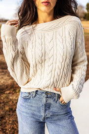 Drop Shoulder Round Neck Cable Knit Sweater in Cream, side view