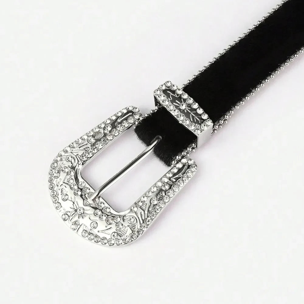 Black western belt with crystal embellishments and silver buckle detail.