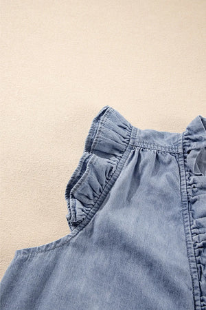 Chambray sleeveless blouse with ruffle trim detail.