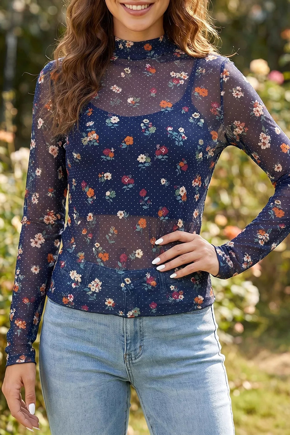 Polka Dot Floral Mesh Long Sleeve Top in Navy, model styling view