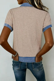 Ribbed knit tunic top in beige with short sleeves and a denim collar and trim.