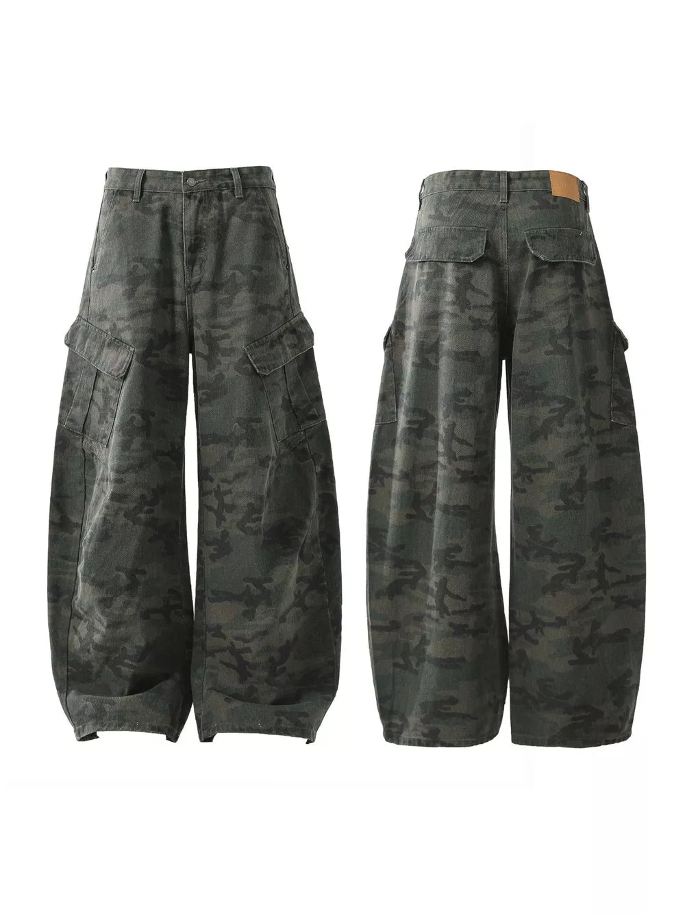 Green camouflage baggy cargo pants with multiple pockets and button fly.