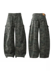 Green camouflage baggy cargo pants with multiple pockets and button fly.