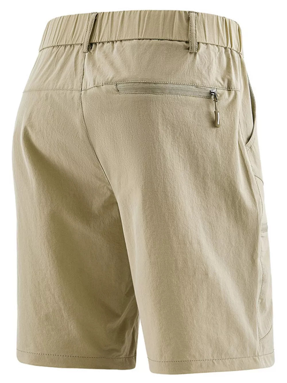 Khaki lightweight quick-dry cargo shorts with elastic waistband and zippered back pocket.