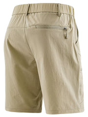 Khaki lightweight quick-dry cargo shorts with elastic waistband and zippered back pocket.