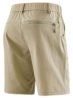 Khaki lightweight quick-dry cargo shorts with elastic waistband and zippered back pocket.