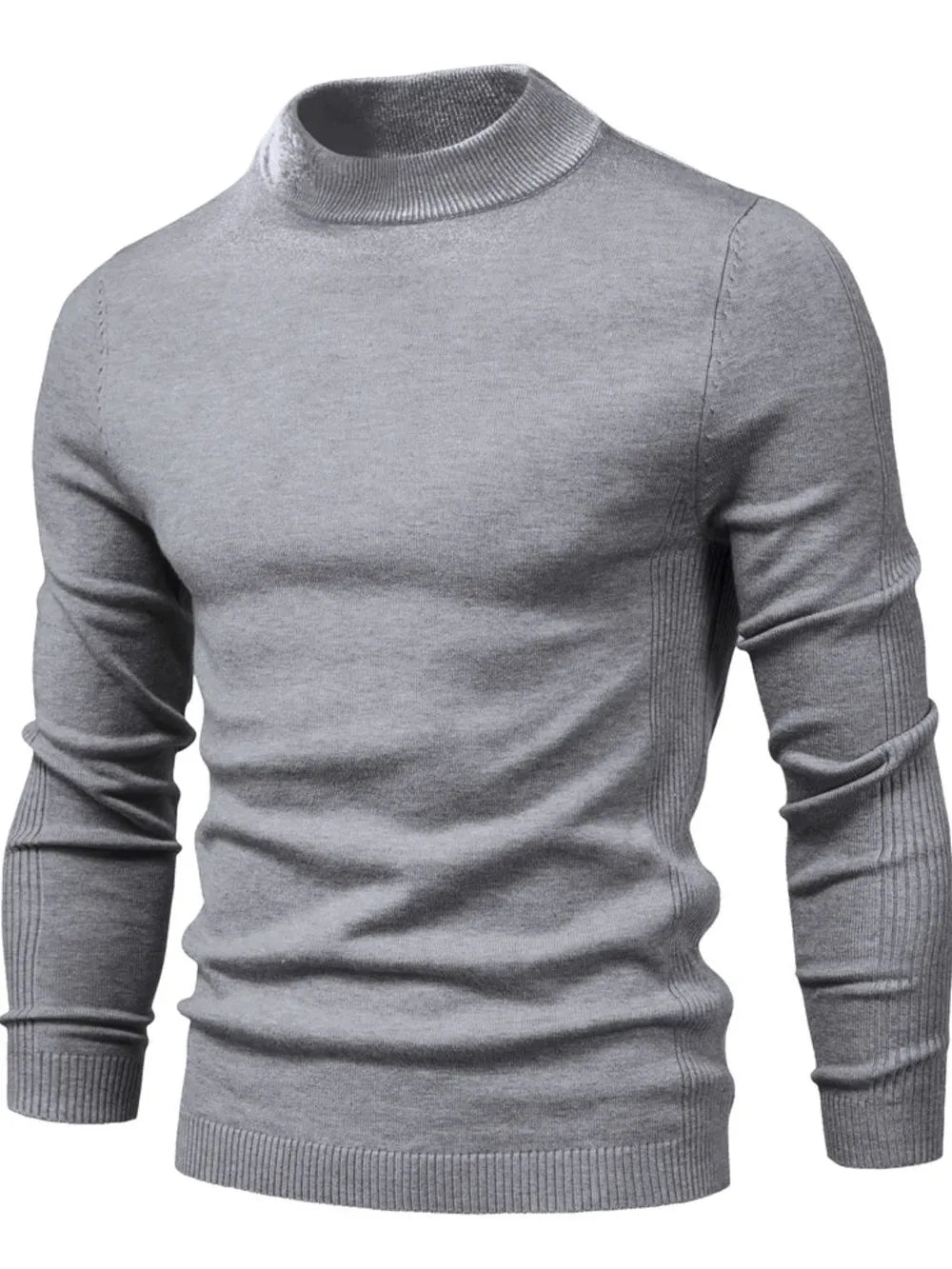 Gray ribbed mock neck sweater with sculpted shoulder detail and long sleeves.