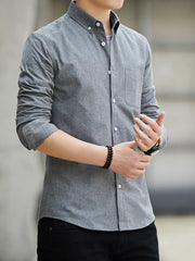 Men's grey cotton button-down casual shirt with chest pocket