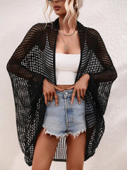 Black open-weave kimono duster with batwing sleeves and a relaxed fit.